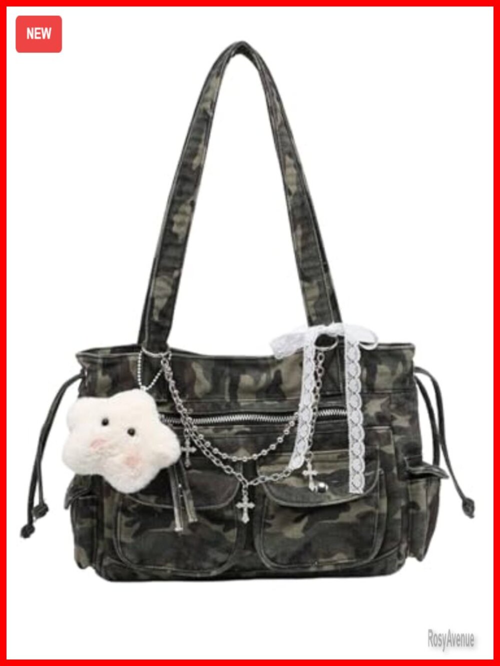 Camo Pattern Tote Bag Multi Pockets Canvas Shoulder Handbag Y2k